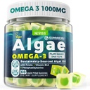 Algaeオメガ3グミー1000mg、植物ベースのDHA 460mg&EPA 230mg、オメガ3フィッシュオイル大人のための代替、プラスメチルフレート、ビタミンB12、ホスファティジルセリン、魚の味、ビーガン、砂糖無料、60Cts
