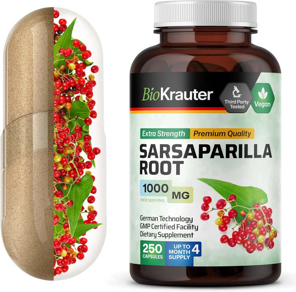 BIO KRAUTER Sarsaparilla Root カプセル - 1000 mg 強度 - 250 ビーガンサルサパリヤ エキス キャップ - いいえ フィラー
