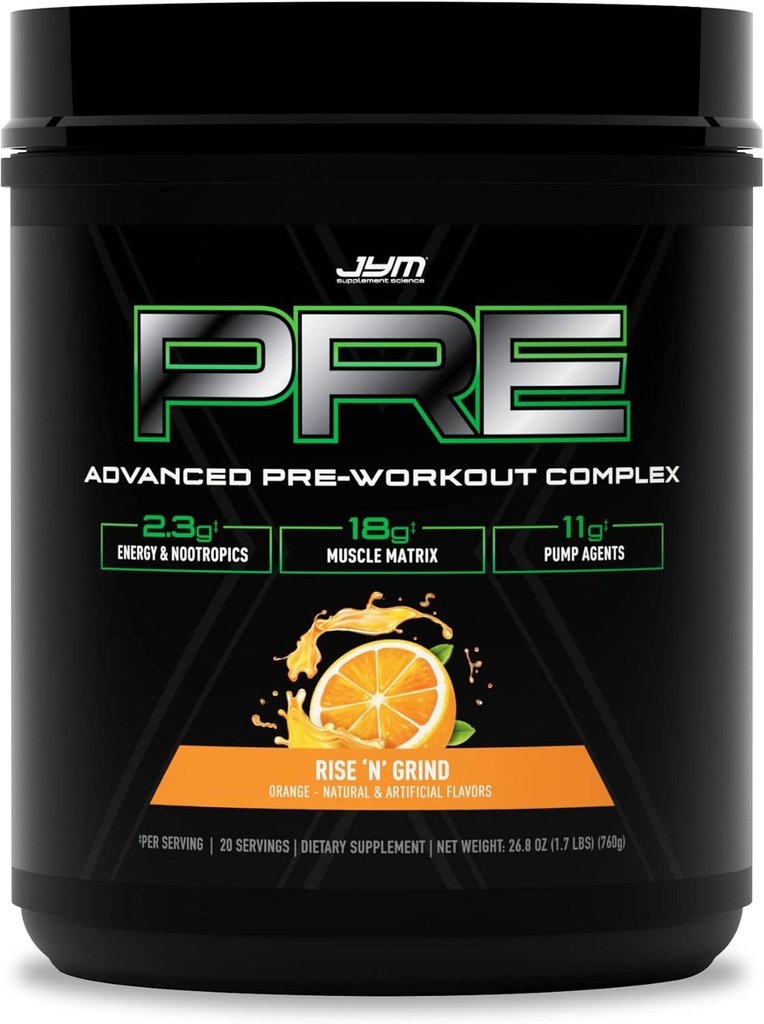 Pre JYM X Rise N' Grind Advanced Pre-Workout Powder Massive Pumps, Citrulline Nitrate, Dynamine, NO3T Betaine, BCAA’s, Nootropics, Creatine, Beta-Alanine, JYM Supplement Science, 20 Servings