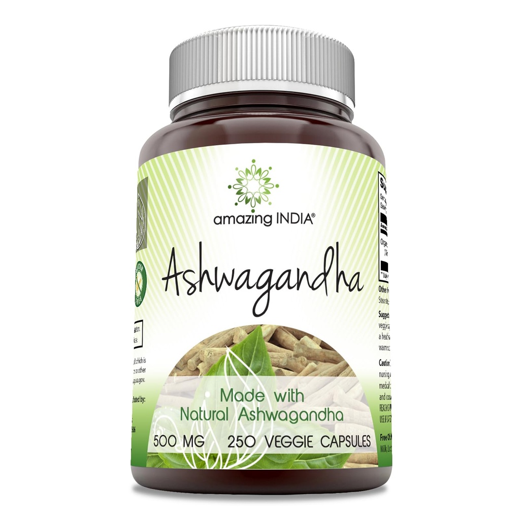 アメイジング・インディア・ナチュラル・アシュワガンダ | 500 Mg / サービング | Veggie Capsule | Non-GMO | Gluten Free | アメリカ製 (250)