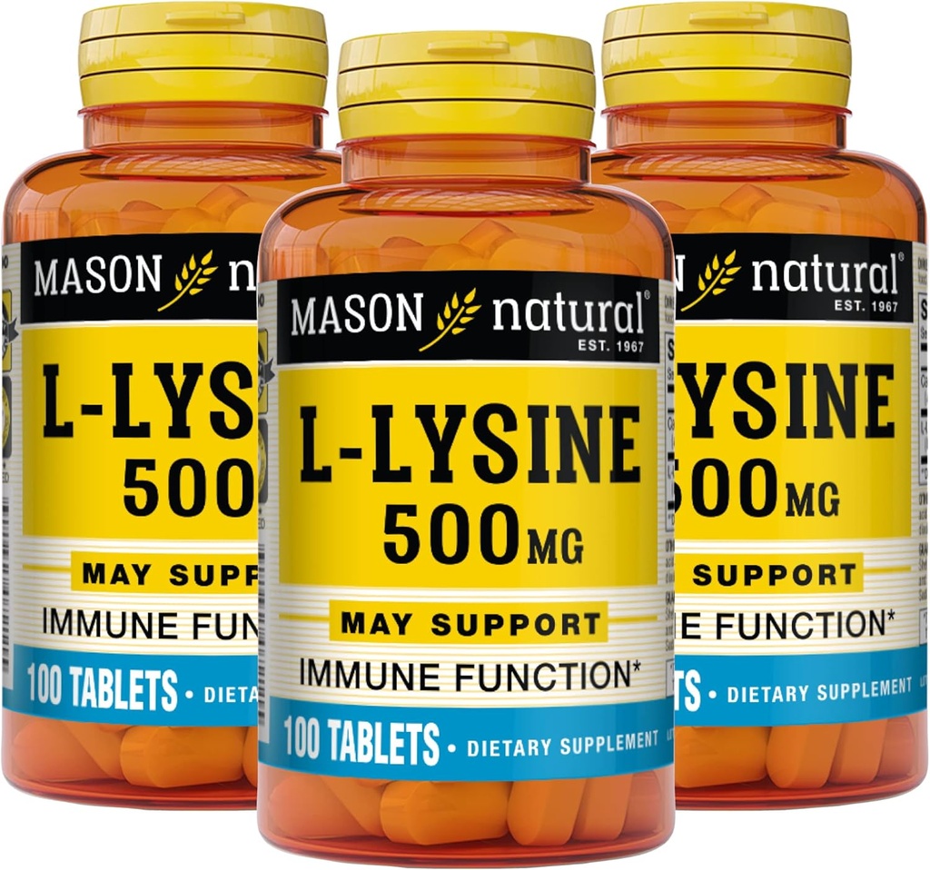 MASON NATURAL L-Lysine 500 mg with Calcium - Improved Immune Function, Enhanced Nutrient Absorption, Essential Amino Acid, 100 Tablets (Pack of 3)