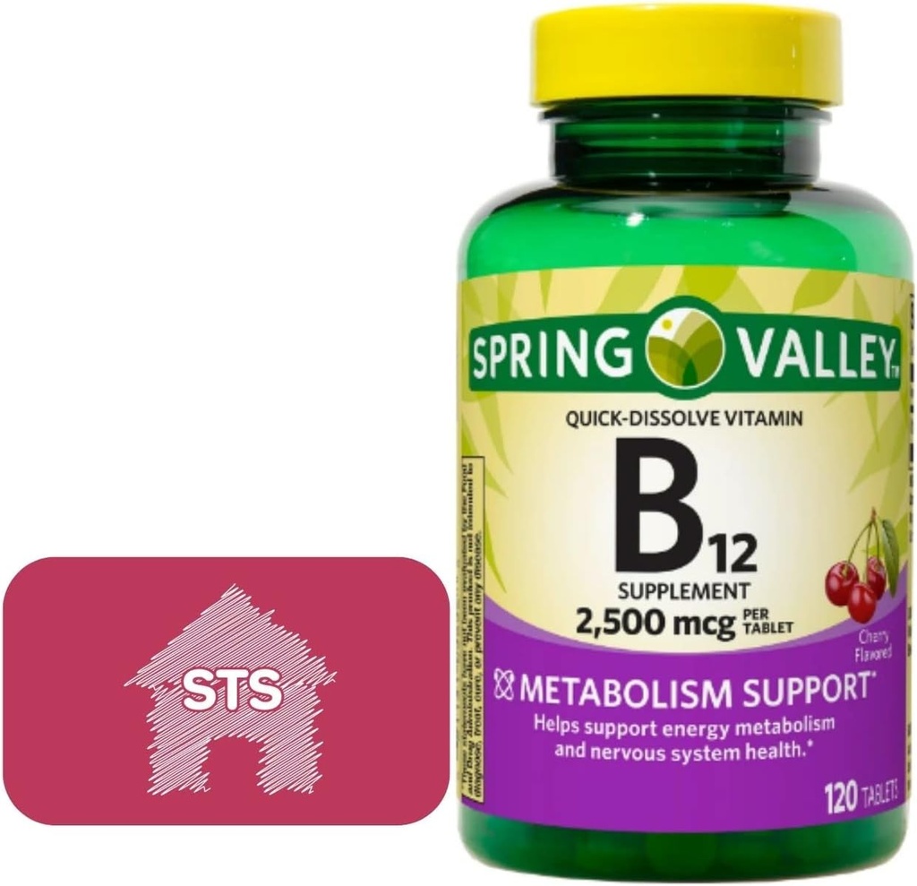 スプリングバレー - ビタミンB12クイック分解錠、2,500mcg、チェリーフレーバー、120カウント+ STSステッカー。