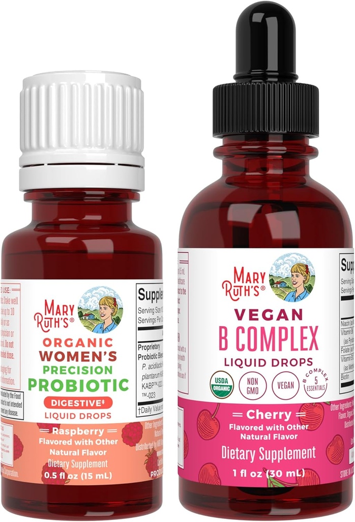 MaryRuth Organics Precision Probiotic for Women (Raspberry) & B Complex Drops (Cherry) | USDA Organic, Clean Label Project Verified® | Vitamins for Gut Health & Immunity | Vegan, Non-GMO, Gluten Free