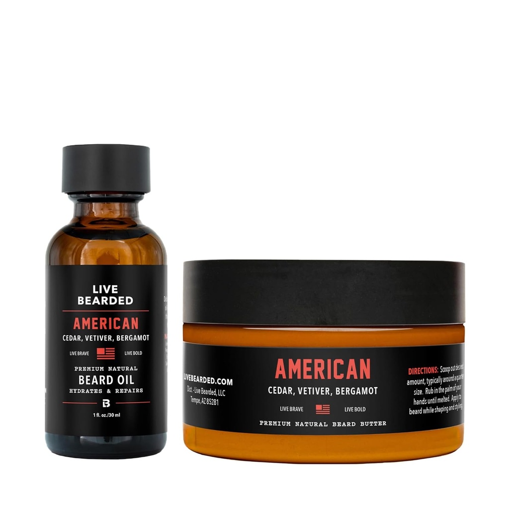 ライブベアードベアードオイルとバターグルーミングキット - 米国製 - Shea、Argan、Jojobaとのすべての天然成分 - 成長サポート | アメリカの香り - Cedar、Vetiver、Bergamot