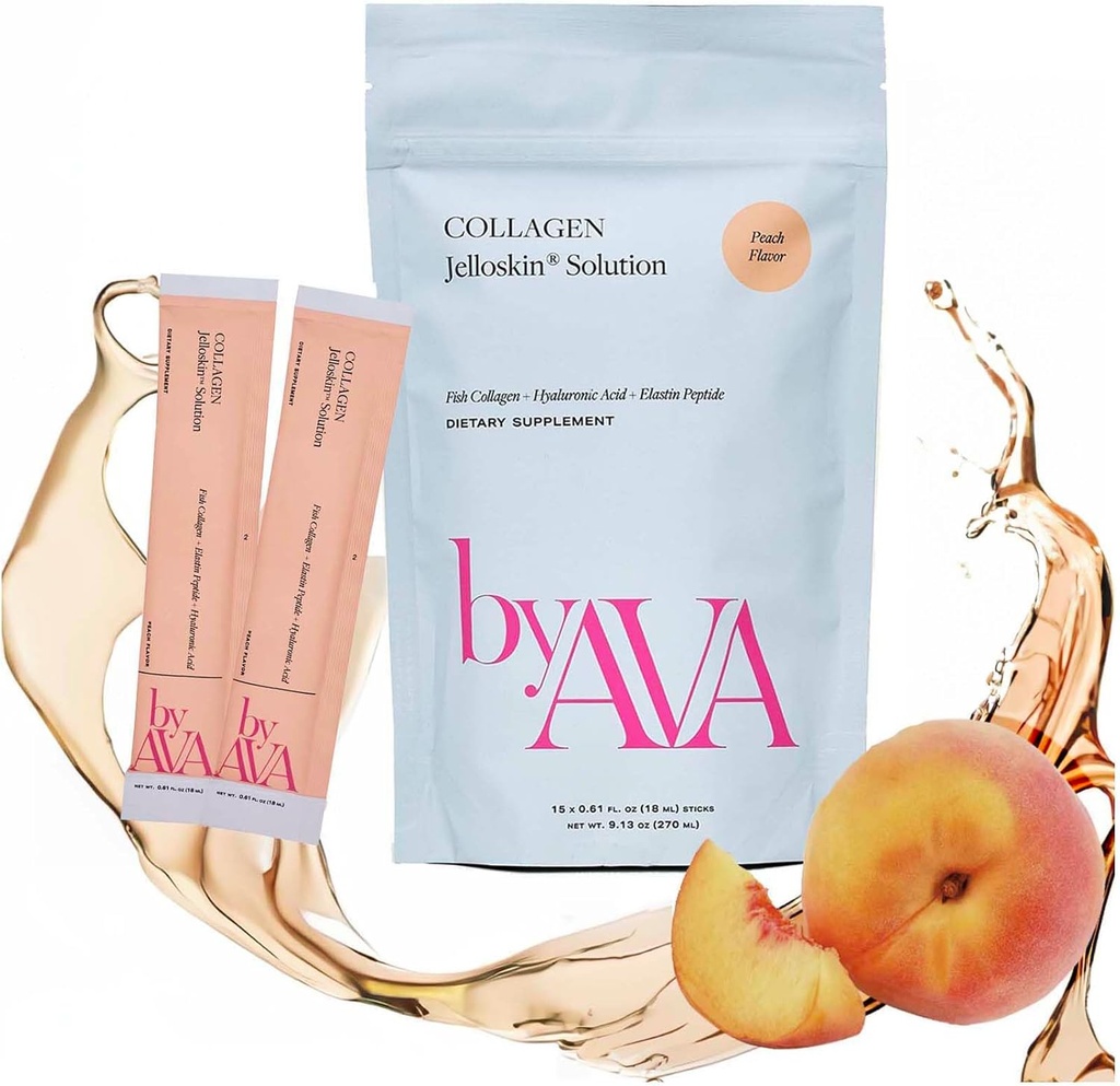 byAVA Liquid Collagen Jelloskin Solution | Marine Collagen Peptides + Hyaluronic Acid + Elastin peptides Triple Supplements - Hair Skin and Nails | Hydrolyzed Fish Collagen for Women |15 Packets Peach