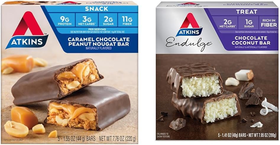 Atkins Caramel Chocolate Peanut Nougat Snack Bar, 5 Count and Chocolate Coconut Bar, 5 Count Bundle