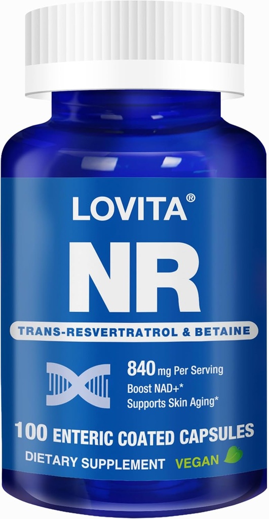 Lovita NR (ニコチンアミドリボシド) 840 mg, トランスレスベラトロールとベタインとのNADサプリメント, NADプラスレベルを促進します, 健康な老化, 100 ビーガンエンティックコーティングカプセル
