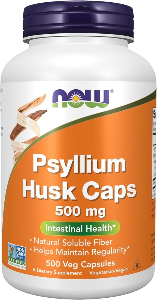 NOW Foodsは、Psyllium Husk Caps 500mg、非GMOプロジェクト検証済み、天然溶性繊維、腸の健康*、500ベジカプセルを補います