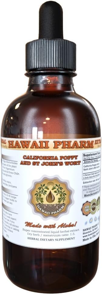 HawaiiPharm California PoppyとSt John's Wort Liquid Extract、オーガニックカリフォルニア Poppy(Escholzia Californica)、St John's Wort(Hypericum Perforatum) Tincture Supplement 4 oz