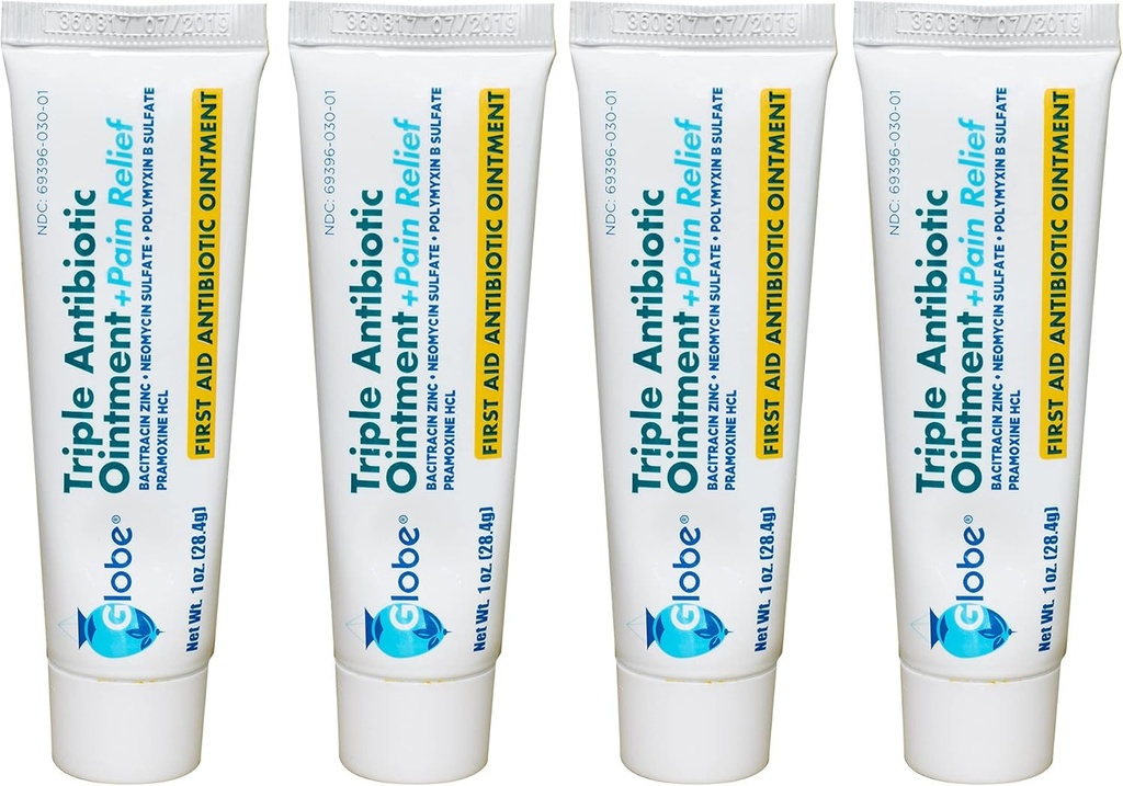 地球(4パックの三重の抗生物質+痛みの救助の軟膏1oz、ファースト・エイドの抗生物質、鎮痛剤の苦痛、切口、焼跡およびScrapes 24時間の感染症の保護