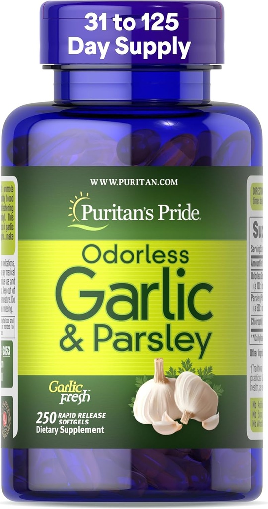 Puritan's Pride Preimum Odorless Garlic 5 mg (500 mg相当) & Parsley, 心の健康のための伝統的なサプリメント, 循環, 血流サポート, 250 急速リリースSoftgels