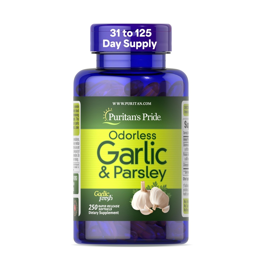 Puritan's Pride Preimum Odorless Garlic 5 mg (500 mg相当) & Parsley, 心の健康のための伝統的なサプリメント, 循環, 血流サポート, 250 急速リリースSoftgels