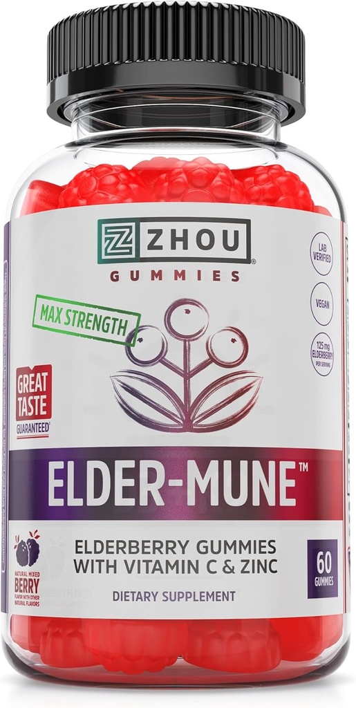 Zhou Elder-Mune Elderberry Gummies - エルダーベリービタミンCと亜鉛、女性と男性のための毎日の免疫サポートSupplemenet、大人と子供のためのChewableナチュラルブラックエルダーベリー4&最大 - 60グミー