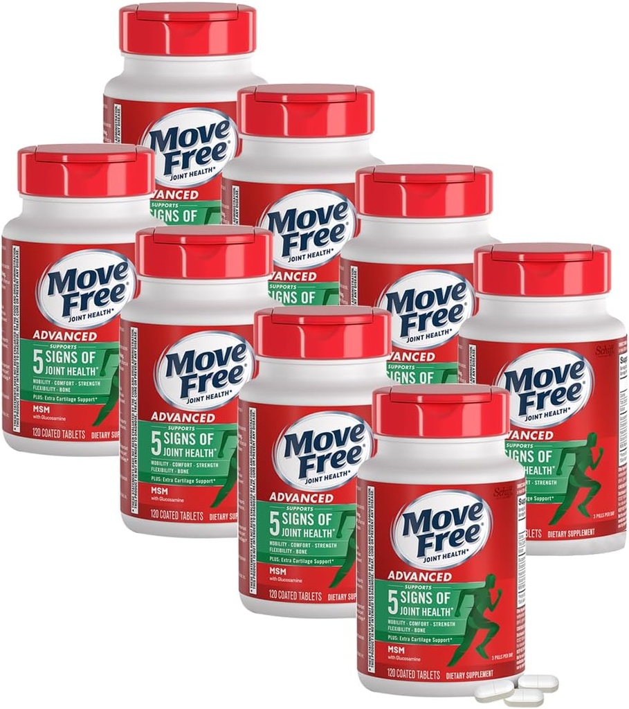 Move Free Advanced Glucosamine Chondroitin MSM Joint Support Supplement, Supports Mobility, Comfort, Strength, Flexibility & Bone, 120 Tablets/40 Servings (8 Pack)