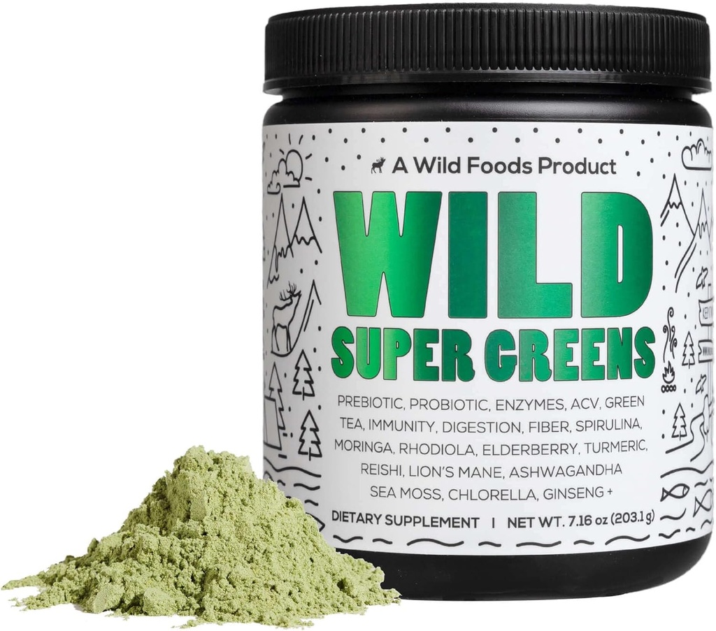 Wild Foods Raw Super Greens Powder Daily Juice Drink with Probiotics and Digestive Enzyme Blend - Whole Food Sourced, 46 Plant-Based Nutrients, Non-GMO, Spirulina, Chlorella, Wheatgrass (30 Servings)