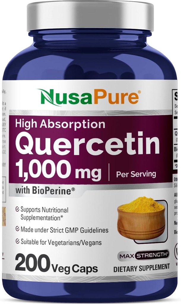 NusaPure Quercetin 1000mg - 200ベジーキャップ(非GMO、ビーガン、ベジタリアン)バイオペリン