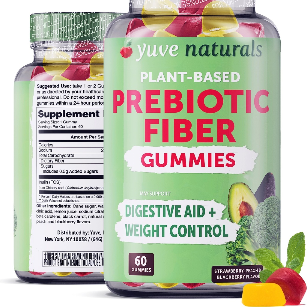 Yuve Prebiotic繊維のグミ - おいしい - 3g容解可能な繊維の補足 - サポート消化器の健康及び規則性-大人及び子供のためのビーガン及びグルテンフリー繊維のグミ -非GMO及び低い砂糖- 60の計算