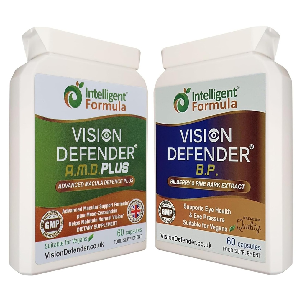Vision Defender A.M.D. Plus & BP Eye Care Bundle – AREDS2(ルテイン、ゼアキサンチン、ビタミンC&E、銅、亜鉛)、Meso-Zeaxanthin、Bilberry、Pine Barkと高度なアイサプリメント。 英国製