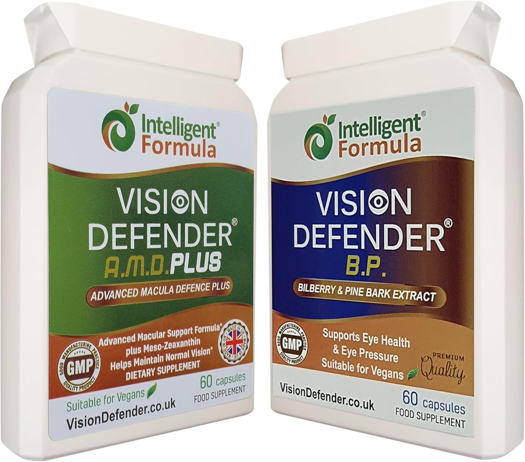 Vision Defender A.M.D. Plus & BP Eye Care Bundle – AREDS2(ルテイン、ゼアキサンチン、ビタミンC&E、銅、亜鉛)、Meso-Zeaxanthin、Bilberry、Pine Barkと高度なアイサプリメント。 英国製