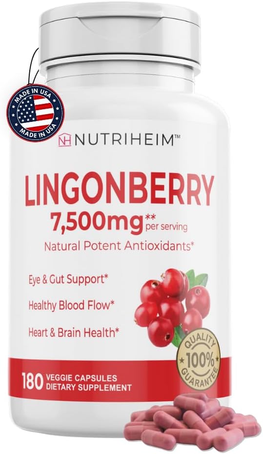 Lingonberry Powder 7500mg for Urinary Tract, Blood Circulation, Gut Health, Eye Health, Antioxidant Support - Pure 5:1 Ratio & 180 Veggie Capsules - Non-GMO, Gluten-Free, Vegan-Friendly Supplement