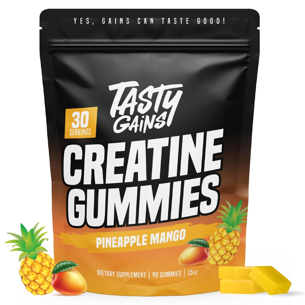 TASTY GAINSクレアチングミー - 90g の クレアチンモノハイド - ワークアウトサプリメント - 筋肉を構築 & 男性と女性のためのブースト強度 - 米国製 - 非GMO - ビーガンフレンドリー (大, パイナップルマンゴー)