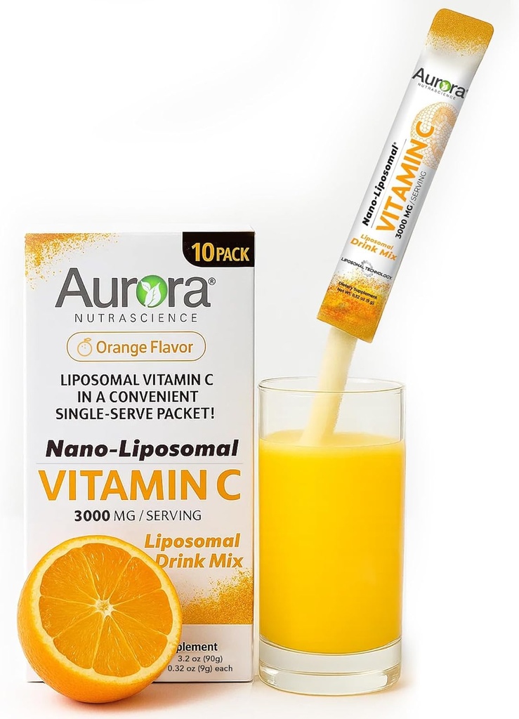 Aurora Nutrascience Nano-Pack Liposomal Vitamin C Powder Drink Mix, Immune Support, High Strength 3,000 mg Per Serving 10 Single Serve Packets, Orange