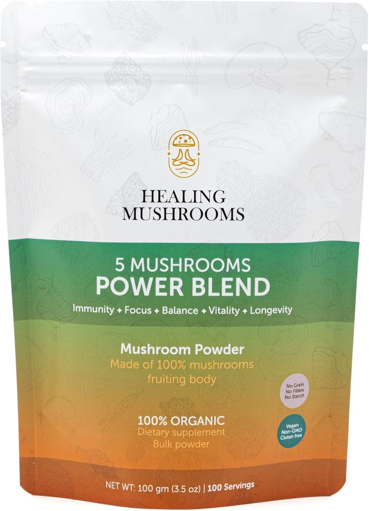 5つのきのこの力ブランド、ライオンズ・マネ、Reishi、Codyceps、トルコの尾、チャガが付いている有機性の粉。 100グラム