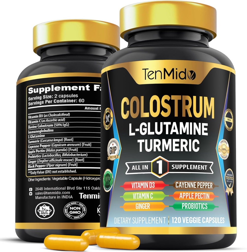 Colostrum Supplement - 10in1 Formula - Combine with L- Glutamine, Turmeric, Cayenne Pepper, Apple Pectin, Probiotics, Ginger, and More - Digestive Health, Immune Support - 120 Capsules