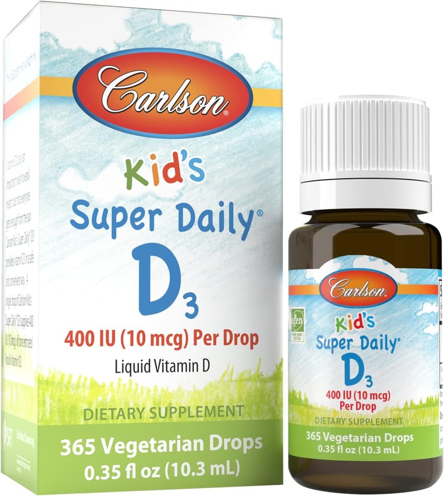 カールソン - キッズスーパーデイリーD3、キッズビタミンDドロップ、ドロップあたり400 IU(10 mcg)、心の健康、免疫サポート、ベジタリアン、液体ビタミンDドロップ、不燃、365ドロップ