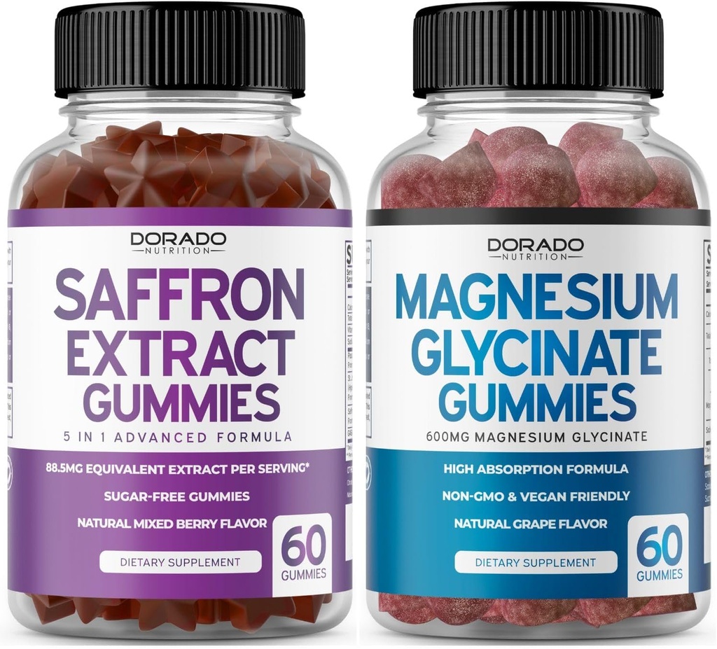 Saffron Supplements (60 Gummies) 5 in 1 Advanced Formula Sugar Free Gummy - Delicious Raspberry Flavor and Magnesium Glycinate (60 Count) Pure Glycinate Gummy for Adults - Non-GMO, Vegan & USA Made