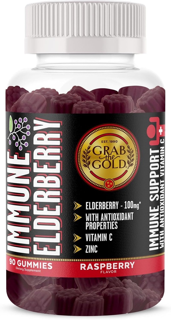 Grab The Gold Elderberry Gummies with Vitamin C & Zinc | Immune Support Gummies, Vegan, Gluten-Free | 45 Day Supply