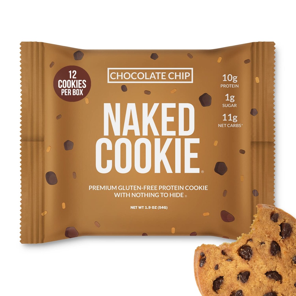 Nakedチョコレートチッププロテインクッキー - プレミアムグルテンフリーハイプロテインクッキー、1G砂糖、6G繊維、人工甘味料なし、大豆フリー、Gmosなし - 12パック