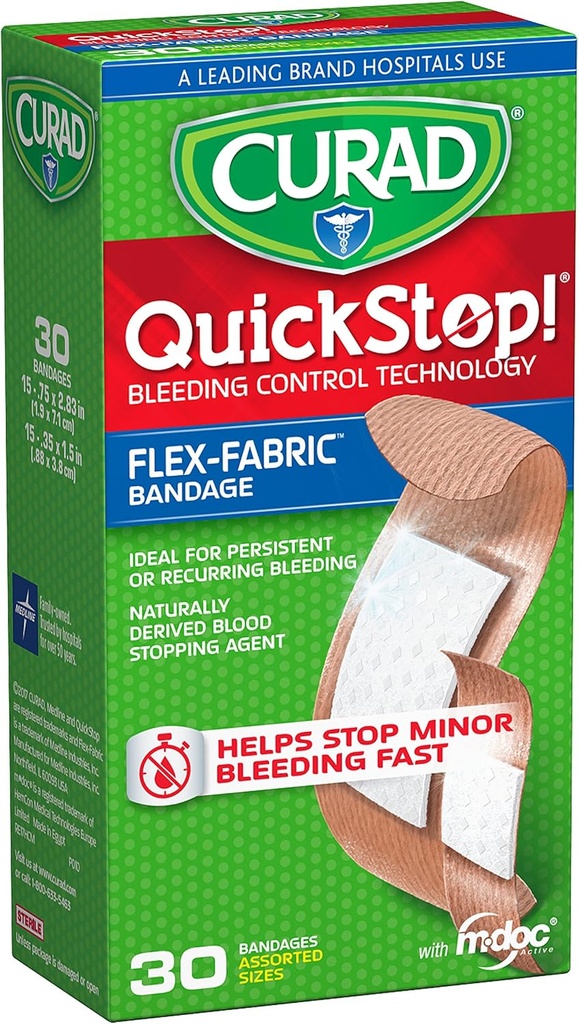 CURAD QuickStop Bleeding Control Flexible Fabric Bandages, Assorted Sizes, 30 Count