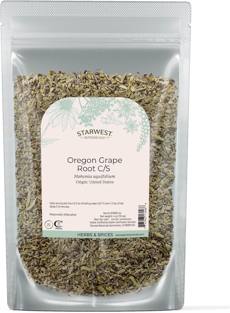 Starwest Botanicals Oregon Grape Root Wildcrafted - 乾燥 Loose Herb for Tea, Tinctures, Capsules, & Salves, 自然 Wellness for Women & Men, Cut & Sifted, 認定コーシャ, Non-GMO - 4 oz ポーチ