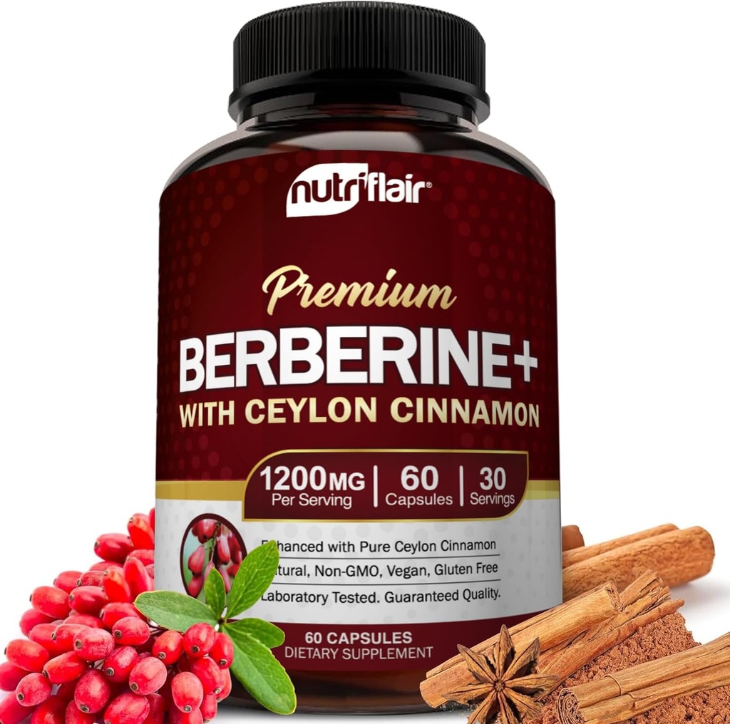 NutriFlair Premium Berberine HCL 1200mg、60カプセル - プラス純粋な真のCeylonシナモン、サプリメントピル、免疫システムサポート