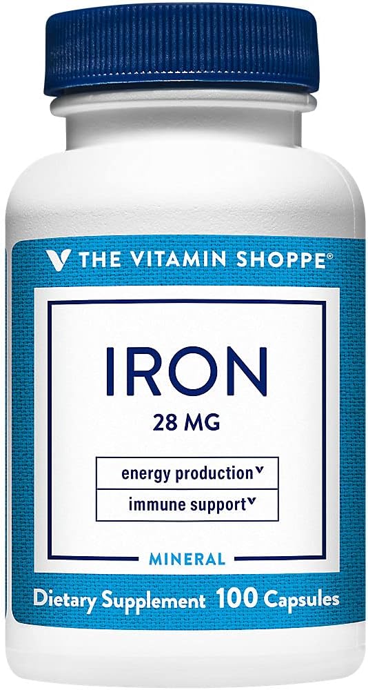 The Vitamin Shoppe Iron 28G, Well Absorbed Forms of Iron, Supports Immune Health & Energy Production, Essential Mineral, Once Daily (100 Capsules)