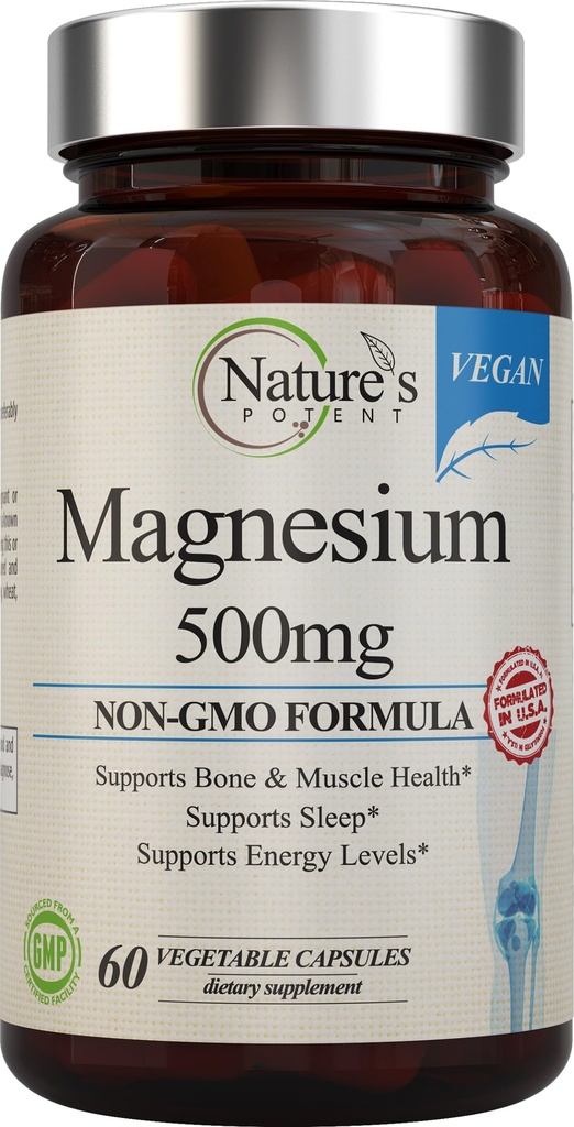 自然の香りのマグネシウムサプリメント | マグネシウムクエン酸塩・酸化マグネシウム 500mg | 女性のためのビーガンマグネシウムサプリメント | 米国製マグネシウム睡眠サポート - 60 ベジギーカプセル