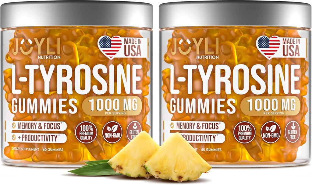 2 Pack - JOYLI L-Tyrosine Gummies 1000MG – Sugar-Free Vegan Focus Supplement & Mood Support for Kids & Adults – 500mg Per Gummy – Sleep Gummies for Memory, Energy & Wellness – 60 Pcs per Pack