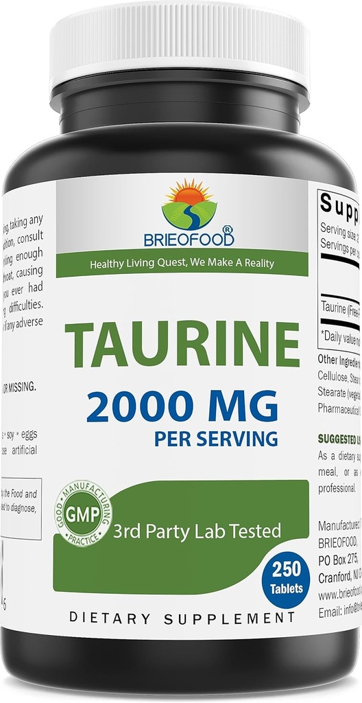 Brieofood Taurine 2000 mg / サービング250錠 - 3rd Party Lab 純度と品質をテスト