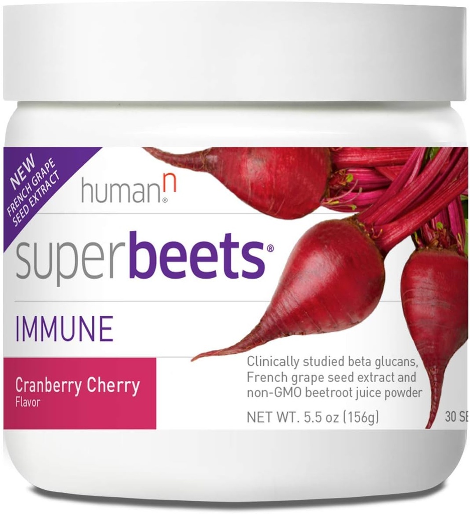 HumanN SuperBeets Immune Powder - Grape Seed Extract and Wellmune® Beta Glucans - Cranberry Cherry Flavor, 5.5-Ounce