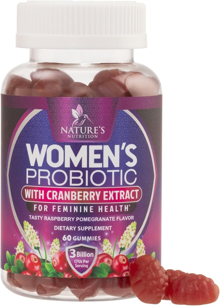 Probiotics for Women Gummies with Cranberry - 6 Premium Strains for PH Balance, Digestive Health, Vaginal & Immune Support, 3 Billion CFU, Women's Probiotic Gummy for Feminine Health - 60 Gummies