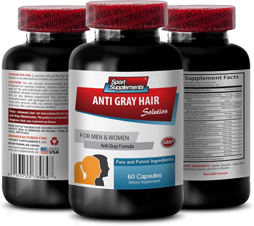 Catalase Complex Anti-Gray Hair pills - ANTI-GRAY HAIR SOLUTION - Powerful Antioxidant for Hair Growth, Maintain Natural Hair Color, Prevent Graying, Essential Nutrients, 1 Bottle, 60 Capsules