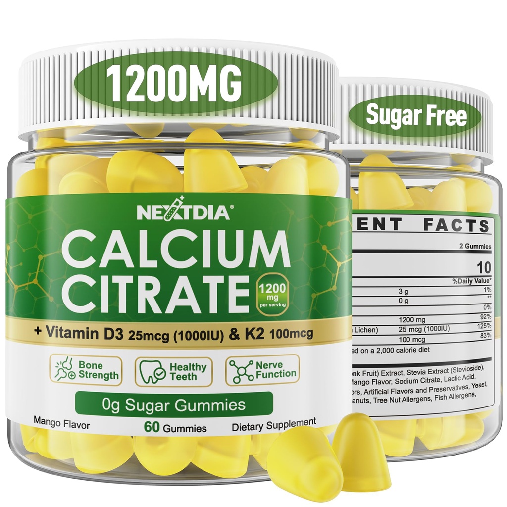Calciumのクエン酸塩はビタミンD3 K2と1200mg、女性及び人のためのChewable Calciumの補足、高い効力サポートB0ne、Te*th、強さ及び免疫の健康、マンゴの味、非GMO、砂糖は、120 Ctsを放します