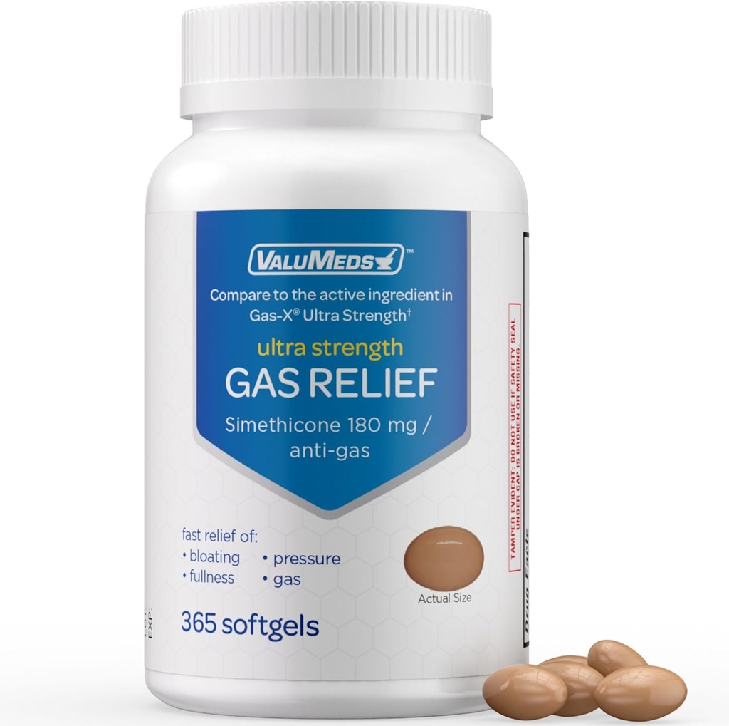 ValuMeds Gas Relief for Adults Simethicone | Relieve Bloating, Pain, Discomfort, and Irregularity | Compare to Active Ingredient in PHAZYME and Gas-X (365 Count - 180mg)