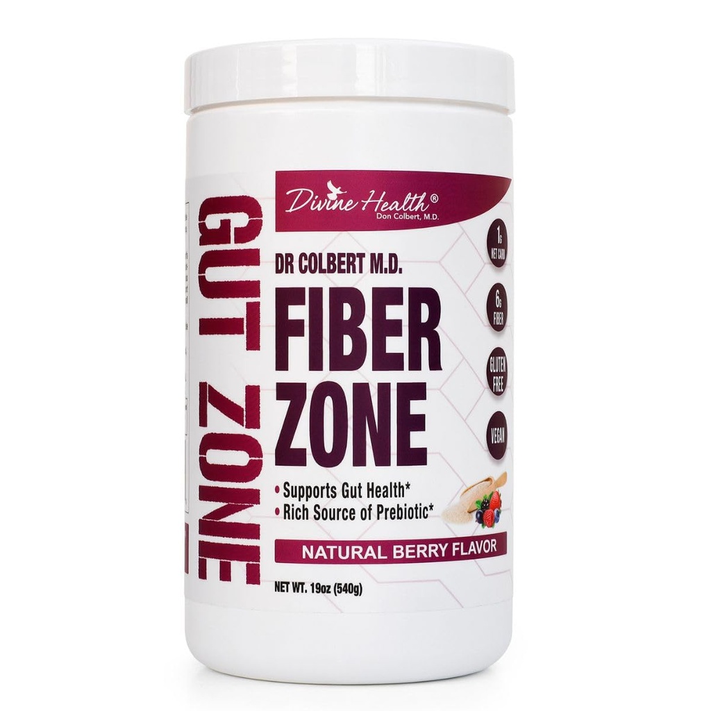 ダイvine Health Dr Colbert、MD Fiber Zone Powder | ベリー・フレーバー・プレバイオティクス | 6g Psyllium Husk & Inulin Fiber | ヘルシー・グット・ゾーン・ブック | 19 oz | 60 サービング