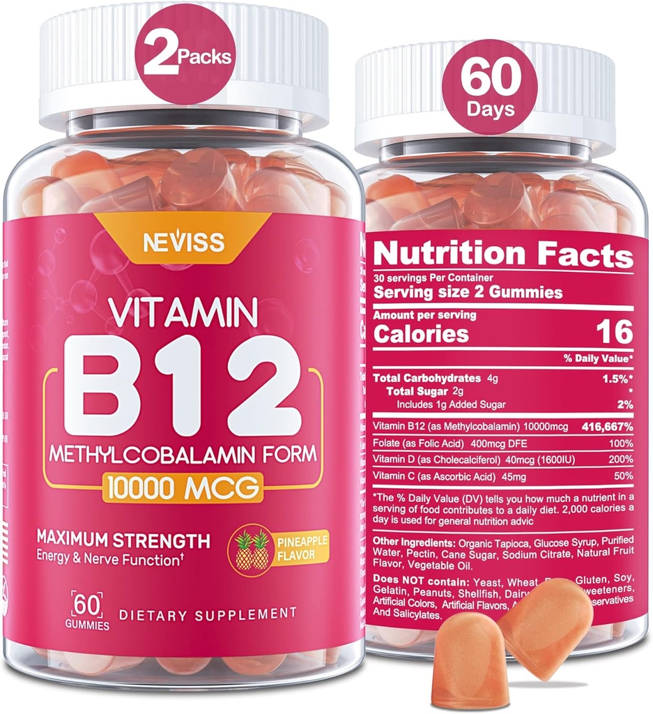 NEVISSビタミンB12 10000 mcg(メチルB12)ビタミンD3、B9ビタミンFollate、ビタミンC、エネルギーブースト&代謝、神経系、強力な骨、免疫サポート、低砂糖、120カウント