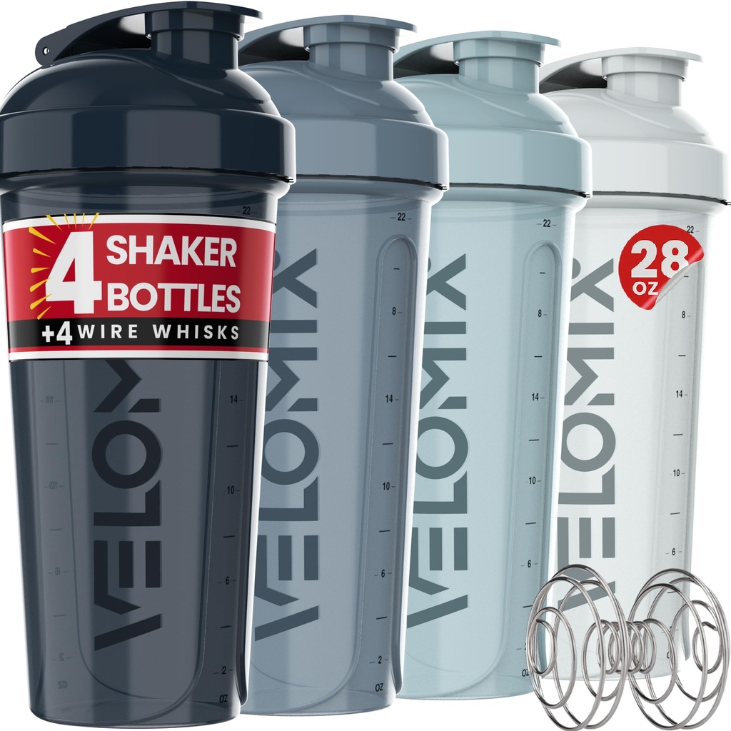 VELOMIX -4パック28 Ozプロテインミキサー用プロテインシェーカーボトル - 4xワイヤーウィスク | リークプロテインシェーク用プルーフシェーカーカップ | タンパク質シェーカーボトルパック | タンパク質シャークカップ(アクアデプス)