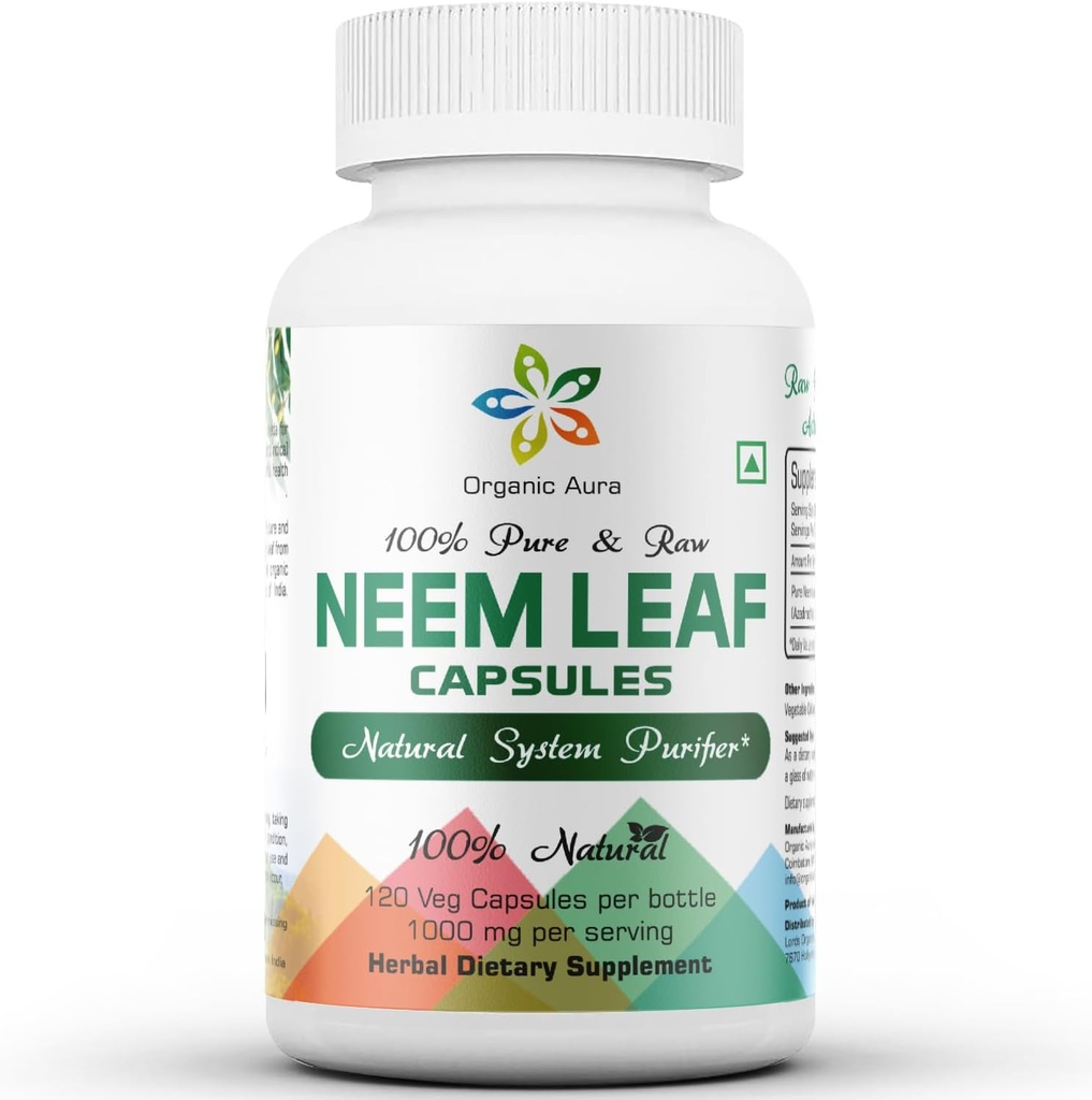 Organic Aura Neem Capsules. 100% Pure and Potent. Raw Green Whole Superfood. Made with Whole Spectrum Neem Leaves. Miracle Detoxifying Agent. Radiant Skin and Immunity.
