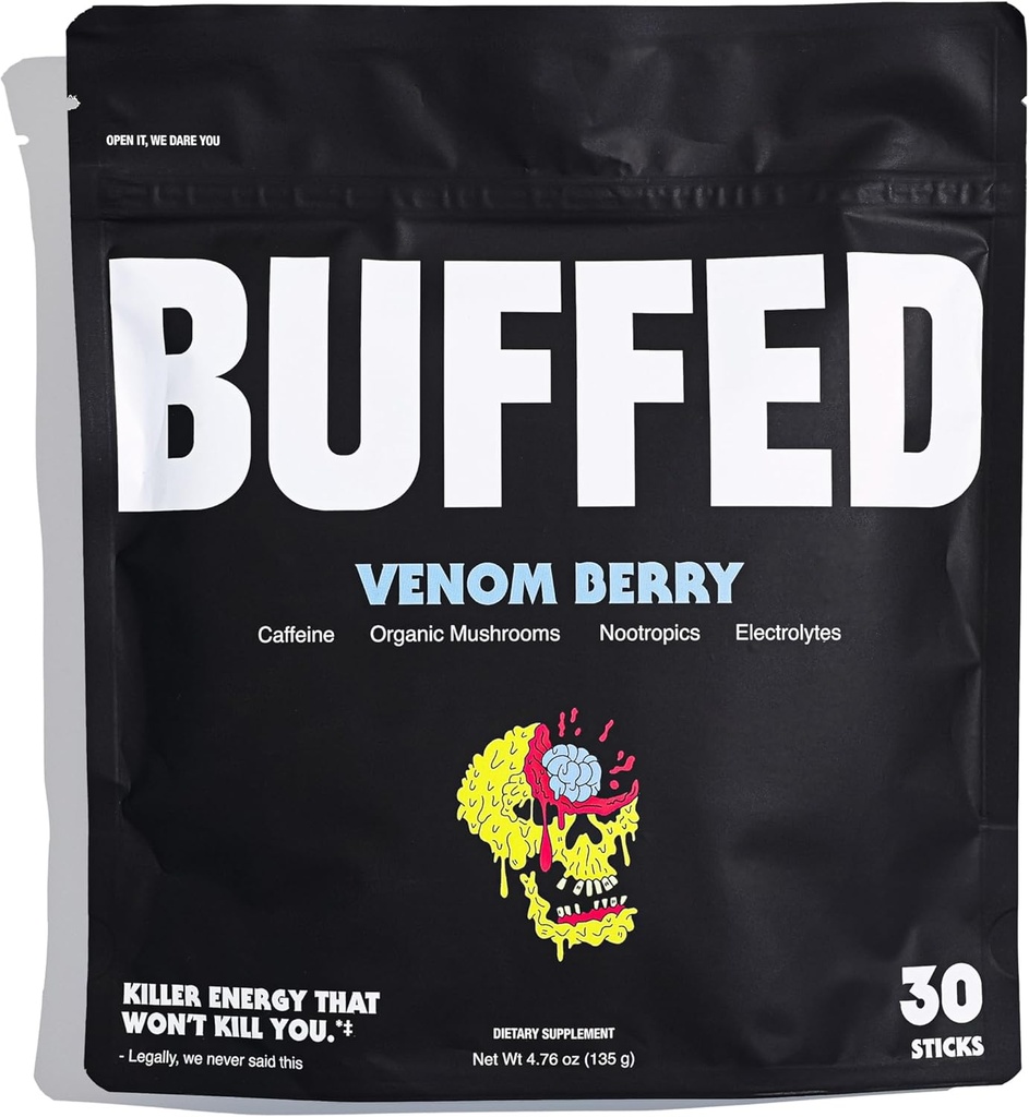 エネルギーパウダースティックパック、ドリンクミックス | 清潔で健康的なブーストパケット | 150mgカフェイン + 水分補給 | 能作物、有機マッシュルーム、ビタミンB、電解液 | 30パックベナムベリー