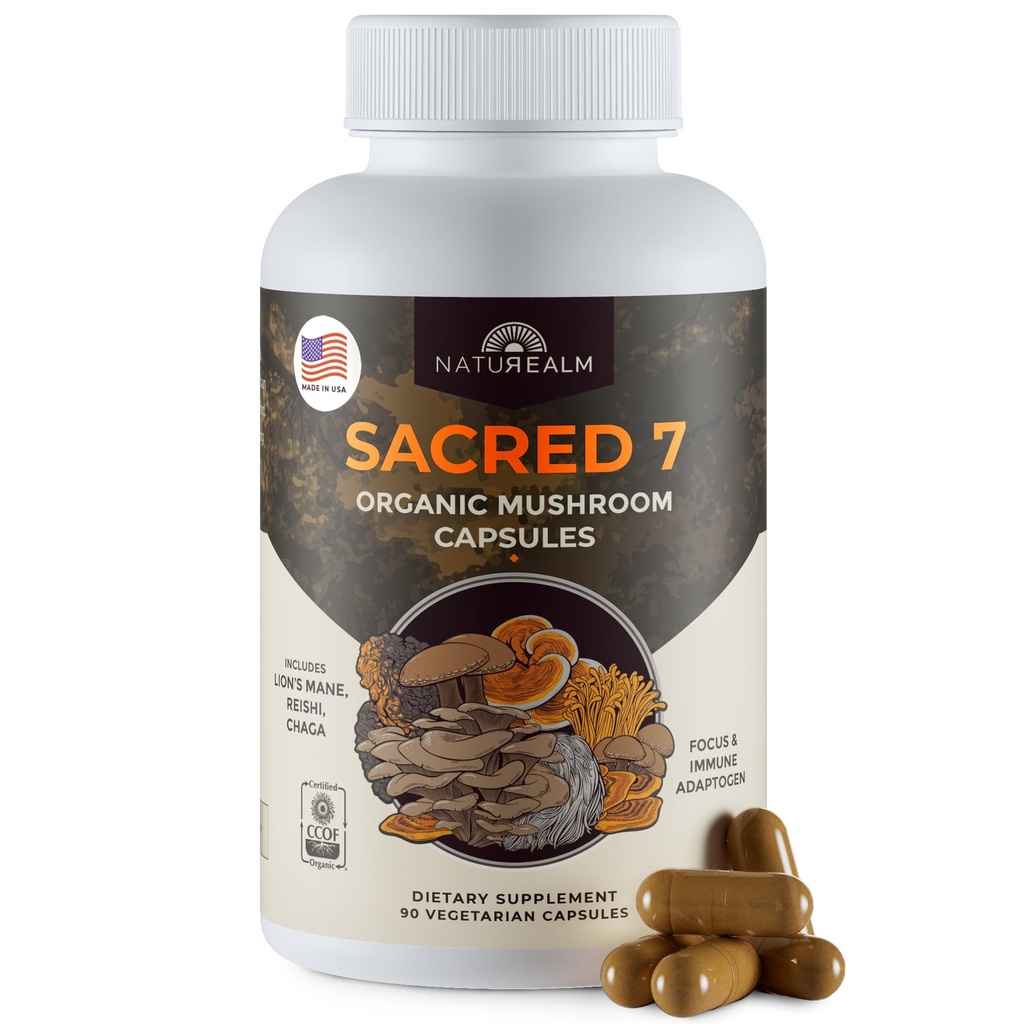 Naturealm Sacred 7有機キノコ抽出カプセル - プレミアム7 ライオンズマネ、Reishi、Chaga - USDA有機免疫サポート&フォーカス - 90ベジタリアンカプセル